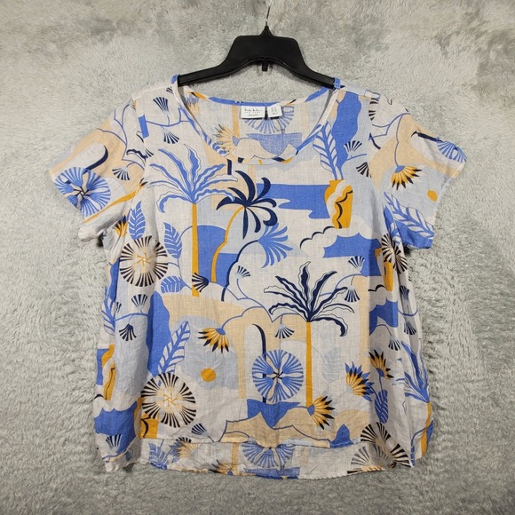 Nicole Miller New York 100% Linen Tropical Print Top Womens 1X Plus Blouse - Picture 1 of 7